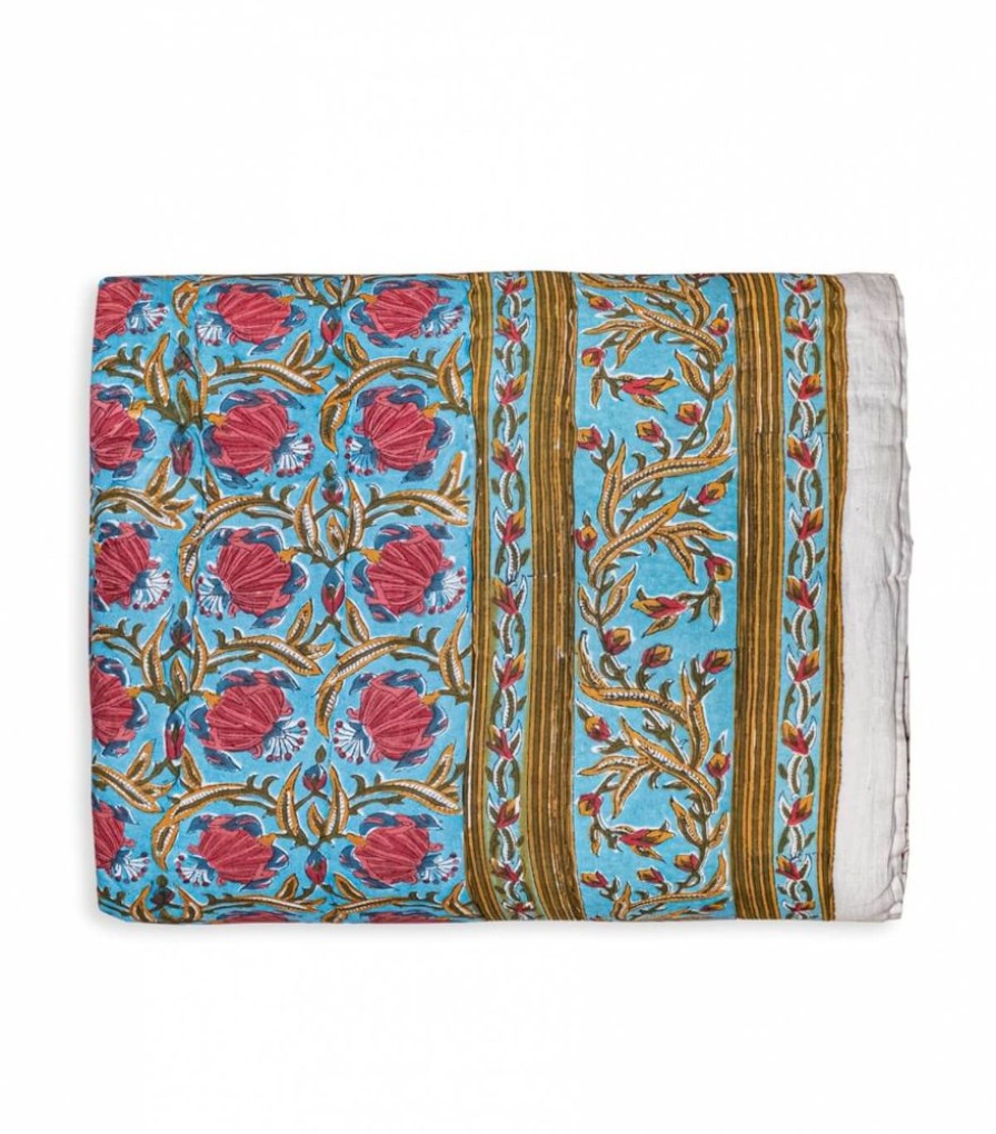 Deco & Linge De Maison Jamini | Edredon Fleuri Jaipur Bleu Clair