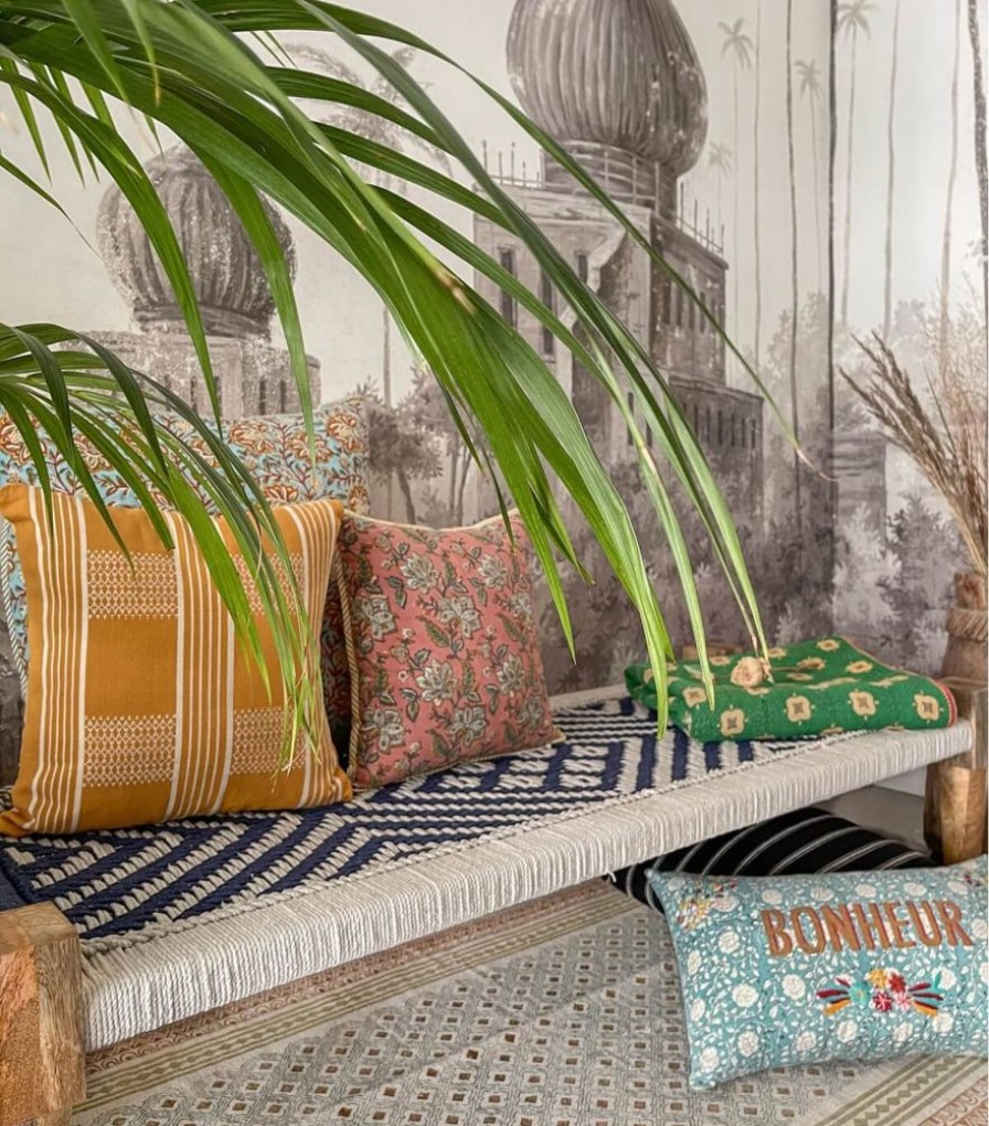 Deco & Linge De Maison Jamini | Charpoy Mani - Ecru & Bleu