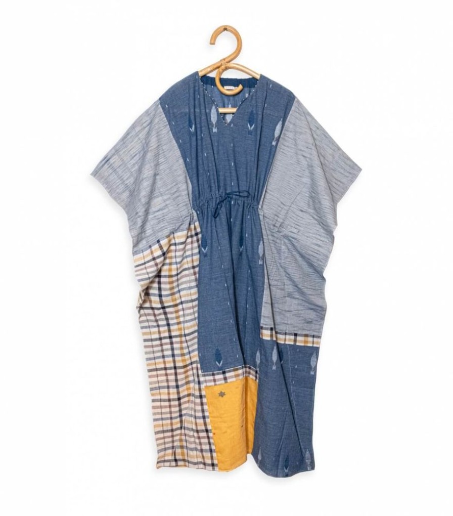 Mode Jamini | Kaftan Ethnique Long Bleu Et Moutarde